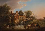 Henri van Assche Landscape with waterfall and farm painting